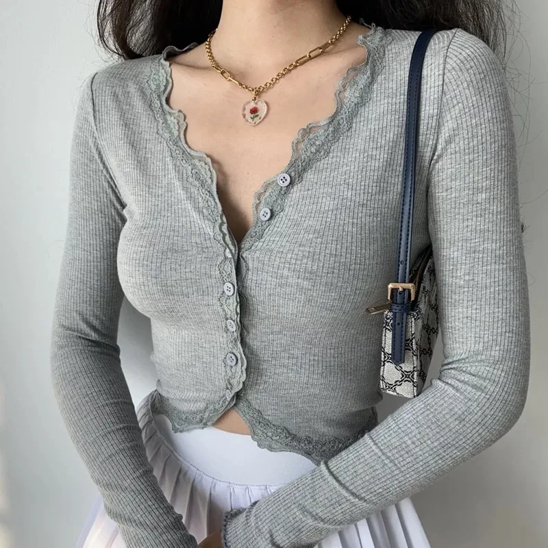 Title 3, Lace-trimmed V-neck Paneled Long-sleeve T-shirt...