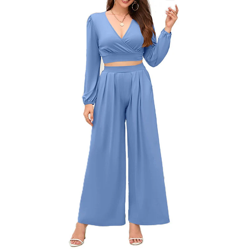Calça feminina de perna larga com cintura alta, manga longa em V, solta e confortável. Perfeita para um visual elegante e relaxado. — foto 2