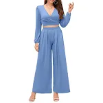 Calça feminina de perna larga com cintura alta, manga longa em V, solta e confortável. Perfeita para um visual elegante e relaxado. — foto 2
