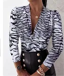 Blusa Feminina Sexy Manga Longa com Decote em V e Estampa de Leopardo — foto 2