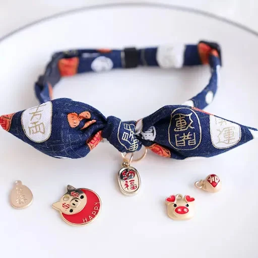 Japanese Style Printed Bowtie Cat Collar Dog Rabbit Ear Collar Bell Necklace Adjustable Jewelry Birthday Gift Kitten Acc — photo 3