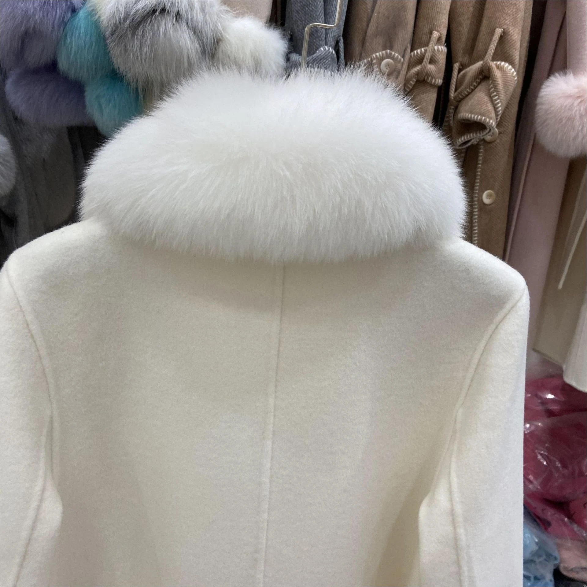 Title 7, Womens Long Double-sided Wool Coat with Fox Fu...