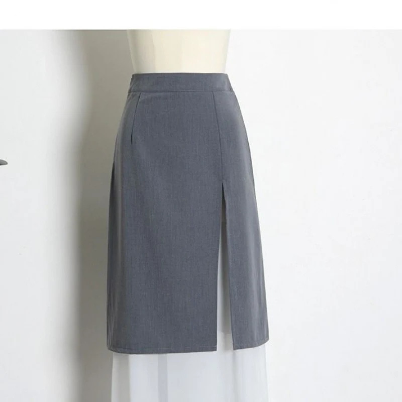 High Waist Double Layer Slit Skirt in Elephant Gray with Pearl White Stitching. Stylish and comfortable. Perfect for any — photo 3