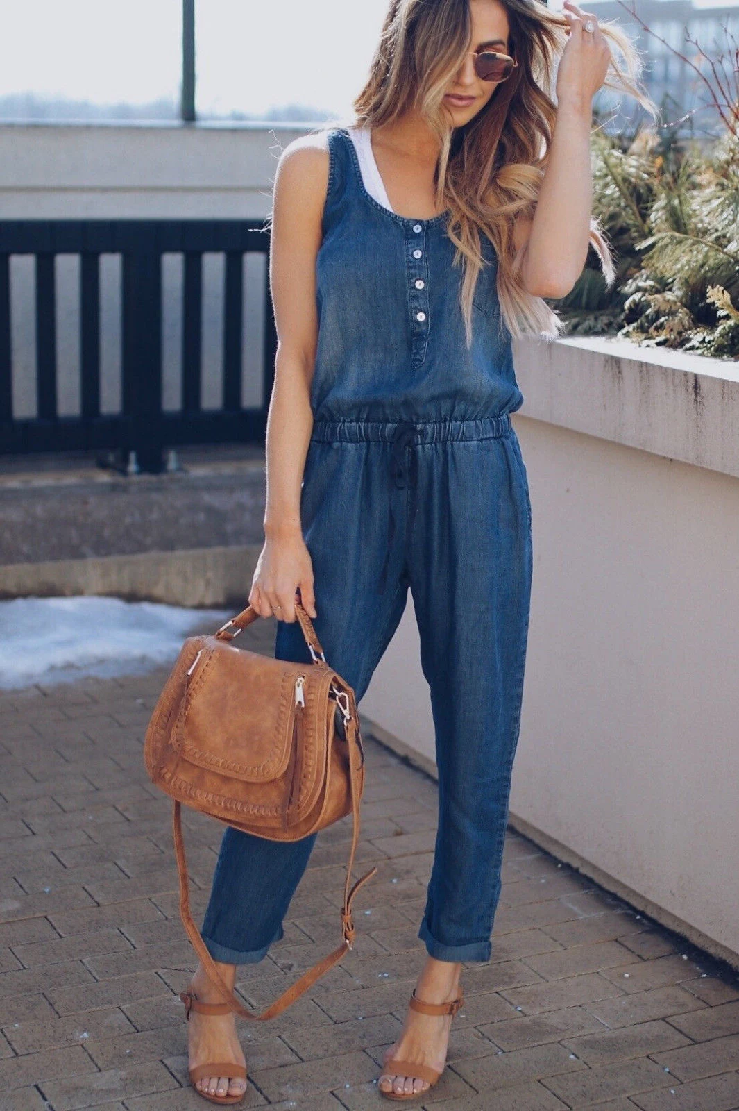 Title 5, Casual Waist Vest Denim Jumpsuit