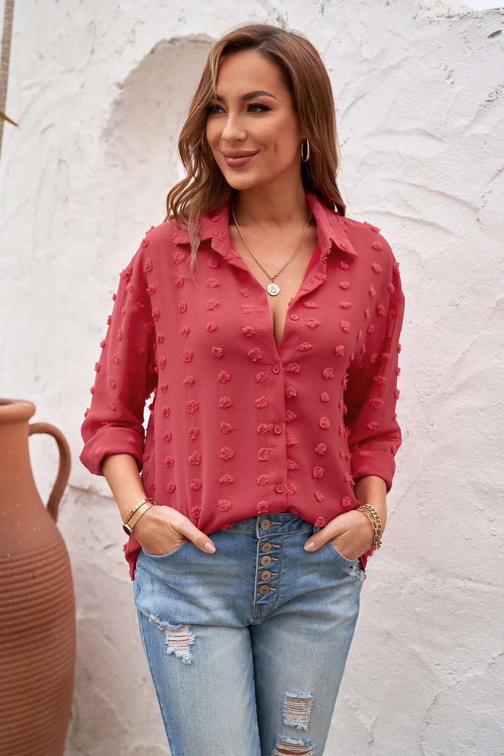 Title 2, Long Sleeve Lapel Shirt Polka Dot Chiffon Cardi...