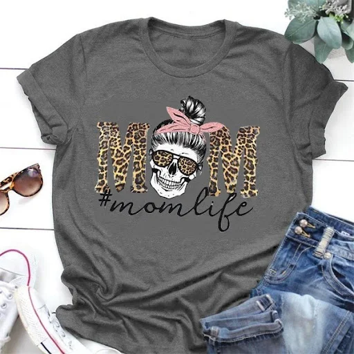 Title 3, Leopard Print Mom Life Skull Print Short-Sleeve...