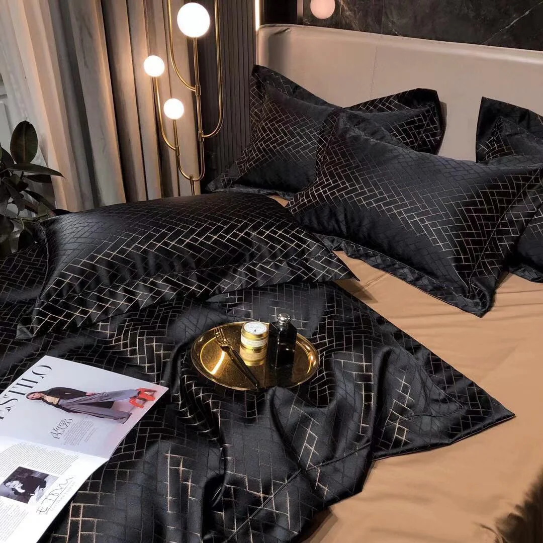 Jogo de cama luxuoso retrô preto dourado, 120 fios jacquard algodão, quatro peças, para noites de sono sofisticadas. — foto 9
