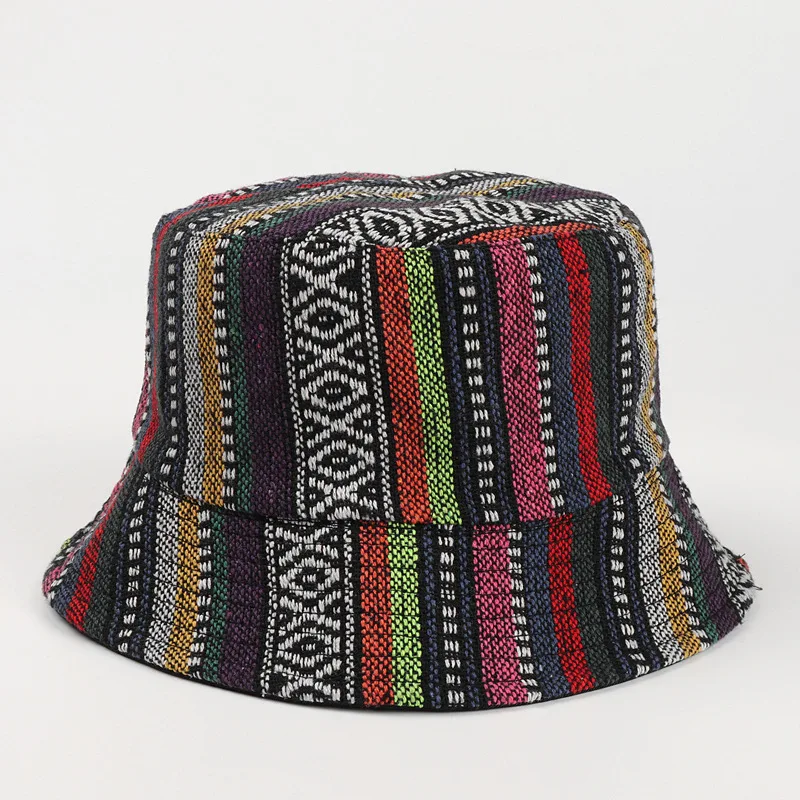 Chapéu de pescador reversível de malha retrô europeu e americano, estilo étnico, listras e diamantes, lona, unissex. Conforto e estilo. — foto 5