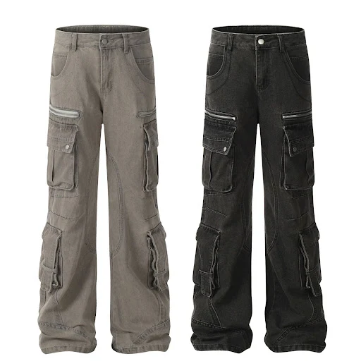 Title 19, Solid Color Casual Multi-pocket Cotton Overalls
