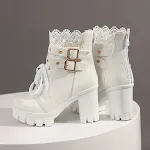 Botas femininas plataforma retrô com cadarço e fivela de cinto, perfeitas para um visual vintage estiloso e confortável. — foto 4