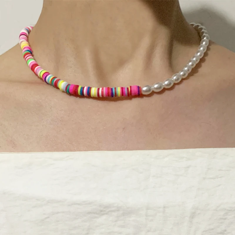 Colar feminino de miçangas de argila polimérica macia com imitação de pérolas, cores vibrantes e design elegante para realçar seu visual. — foto 5