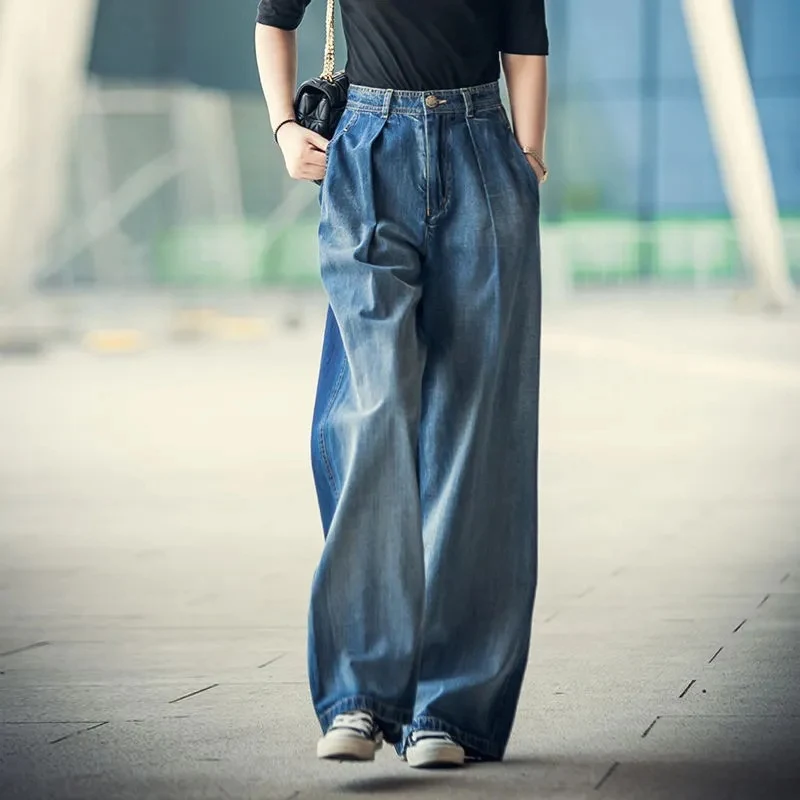 Dames jeans met kleurcontrast, losse pasvorm en hoge taille. Comfortabele broek voor een casual look, perfect voor dagelijks gebruik en diverse outfits. — foto 4