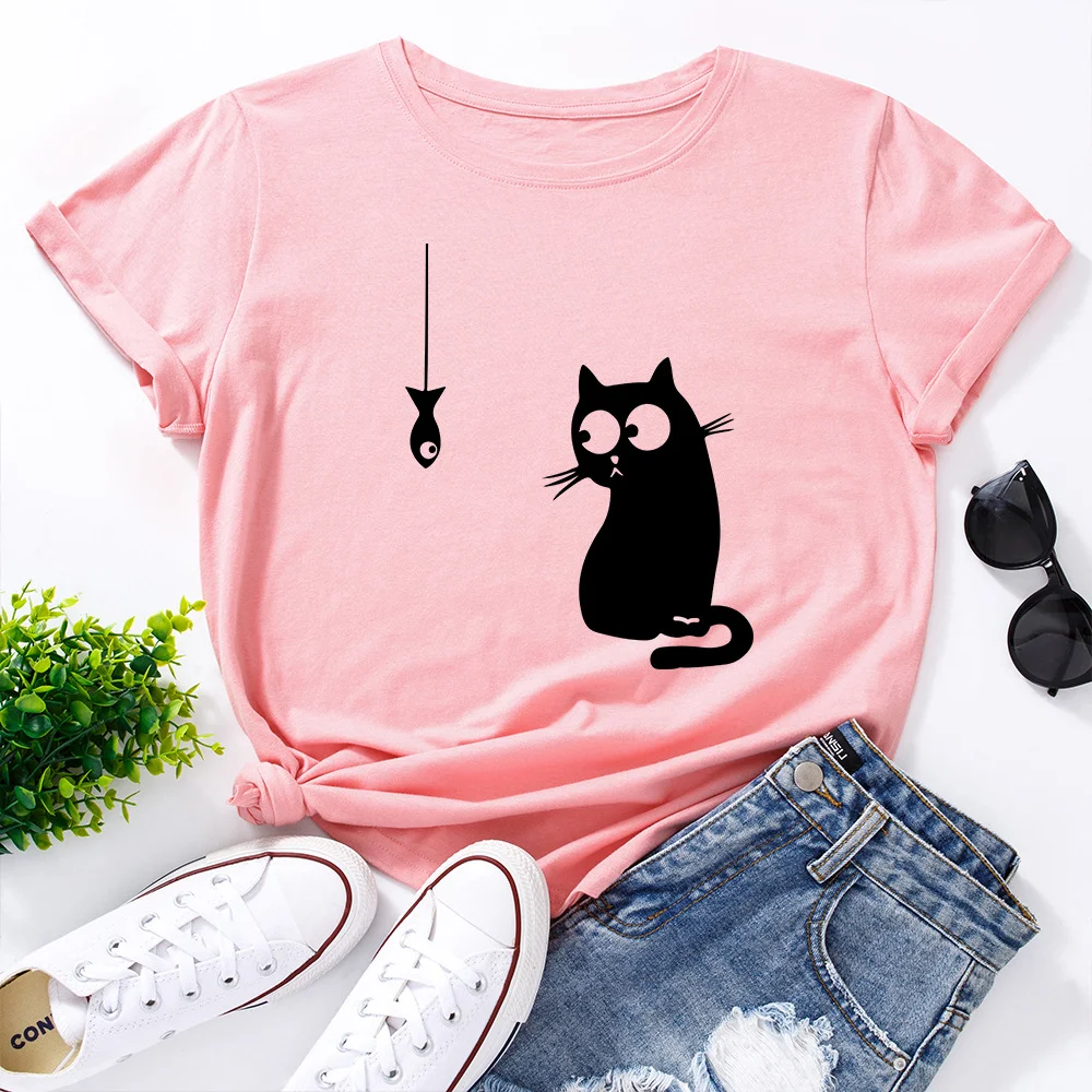 Camiseta feminina fofa de algodão com gatinho, gola redonda soltinha e manga curta, perfeita para um visual casual, confortável e estiloso. — foto 19