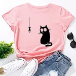 Camiseta feminina fofa de algodão com gatinho, gola redonda soltinha e manga curta, perfeita para um visual casual, confortável e estiloso. — foto 19