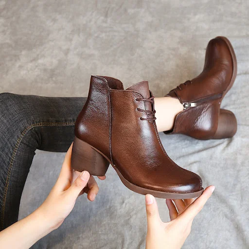 Title 3, New Retro Leather Comfortable Thick Heel Women ...
