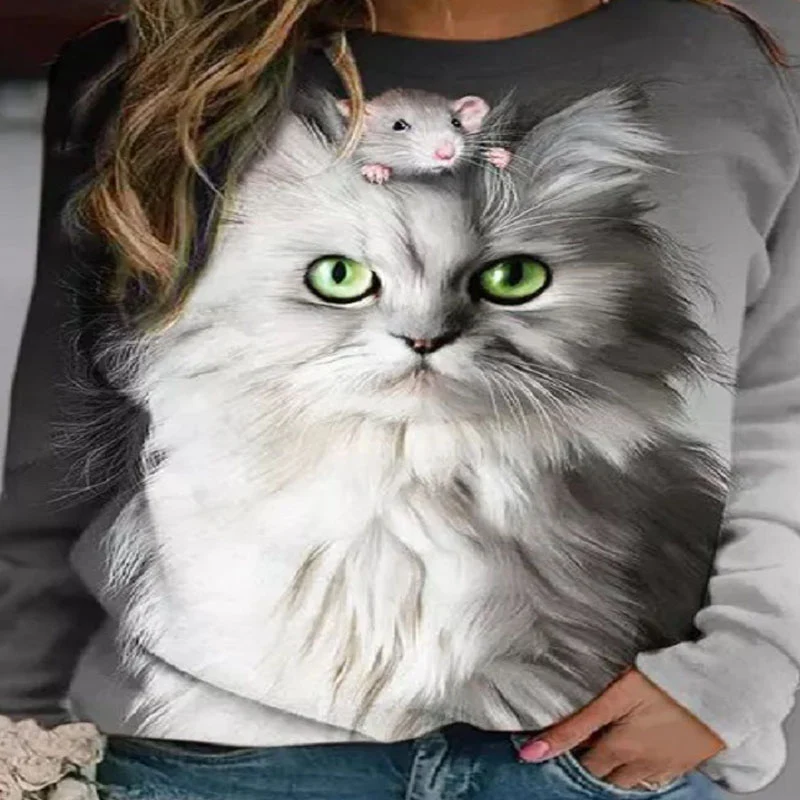 Blusa de moletom solta de gato fofo, gola redonda, estampa, mangas compridas, confortável e estilosa para looks casuais. — foto 5