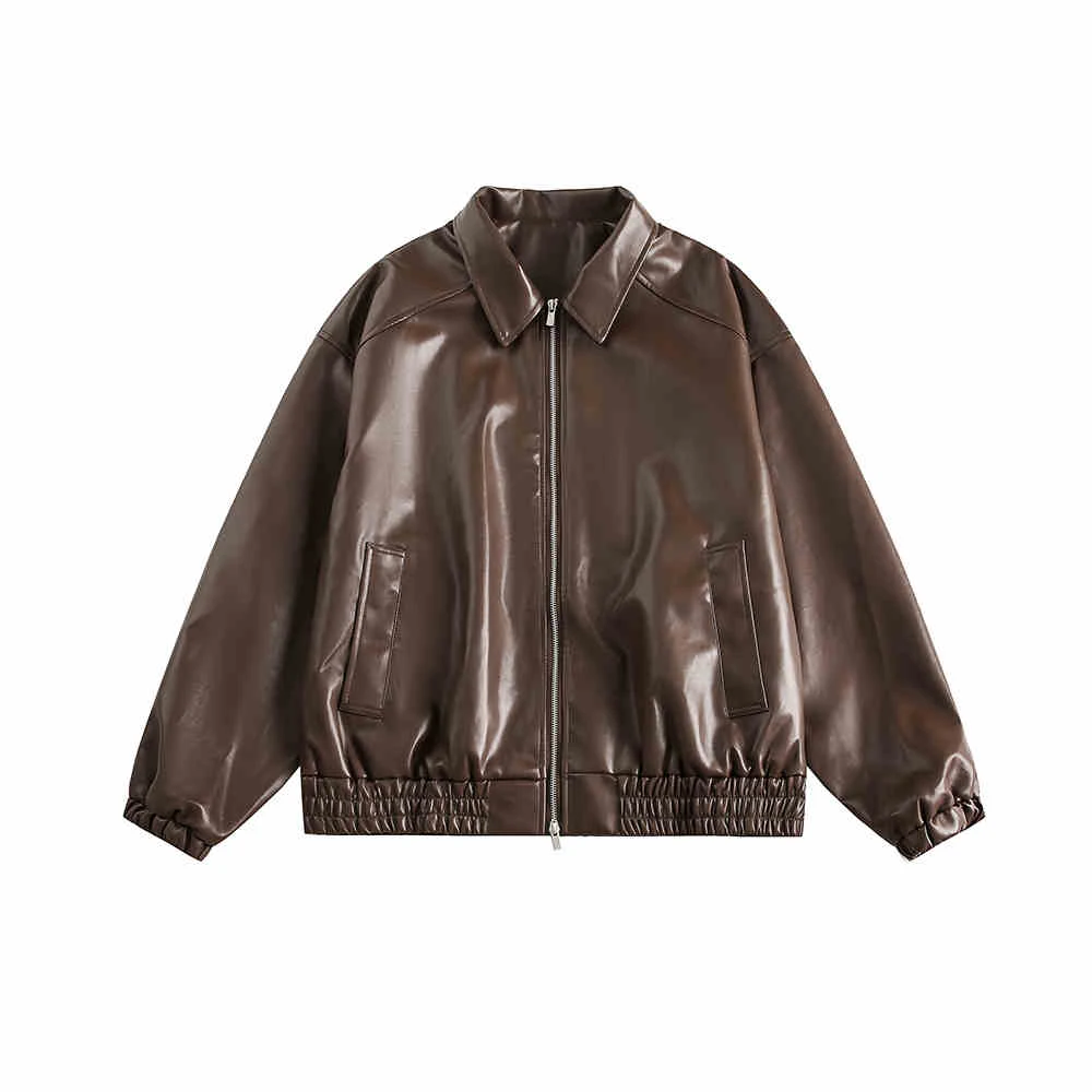 Title 7, Brown Motorcycle PU Leather Coat Female Loose J...