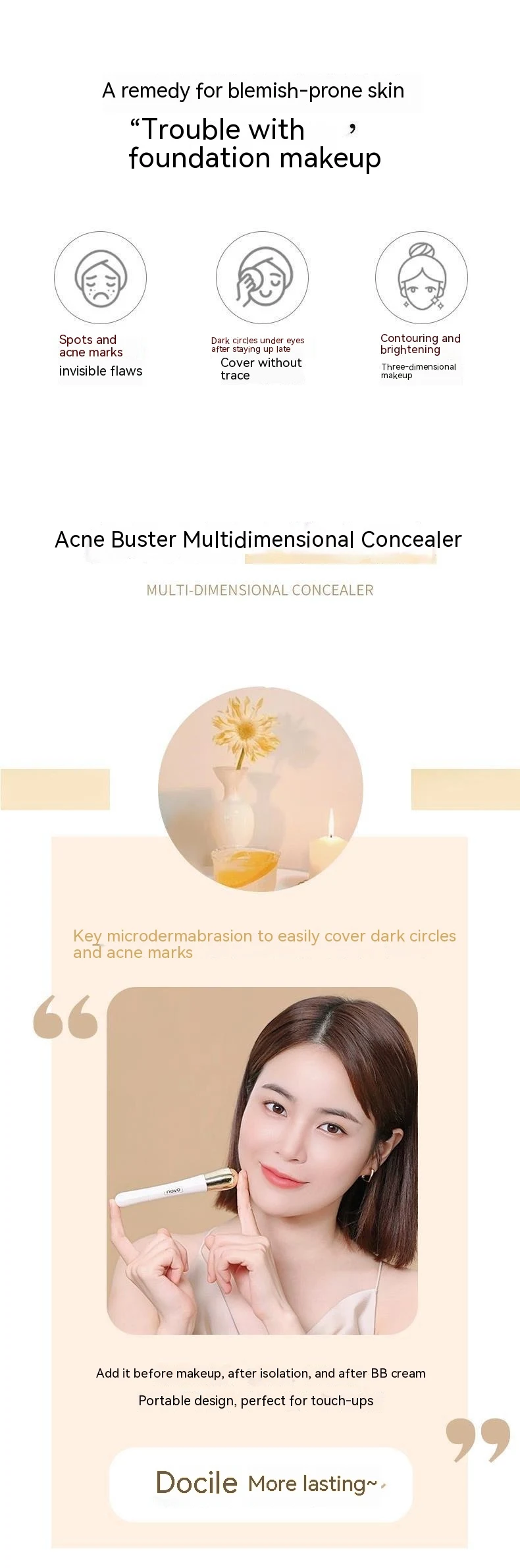 NOVO Double-Headed Stick Concealer for Facial Cleansing and Skin Beauty, Covers Imperfections, Long-lasting Wear, Easy A — photo 3