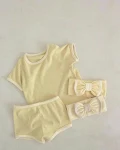 Conjunto de verão para bebê com shorts e manga curta, cores doces, algodão respirável, costura com barra, liso e versátil, perfeito para o calor. — foto 15