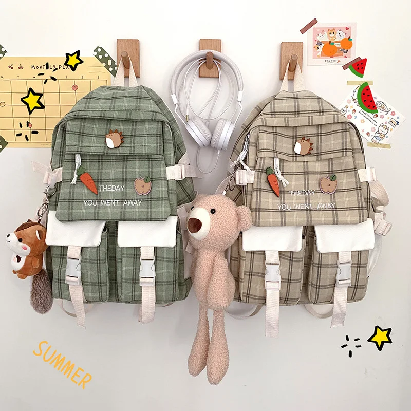 Mochila coreana de grande capacidade para meninas adoráveis, estilo preppy japonês, lona xadrez, bolsa de viagem escolar feminina — foto 23