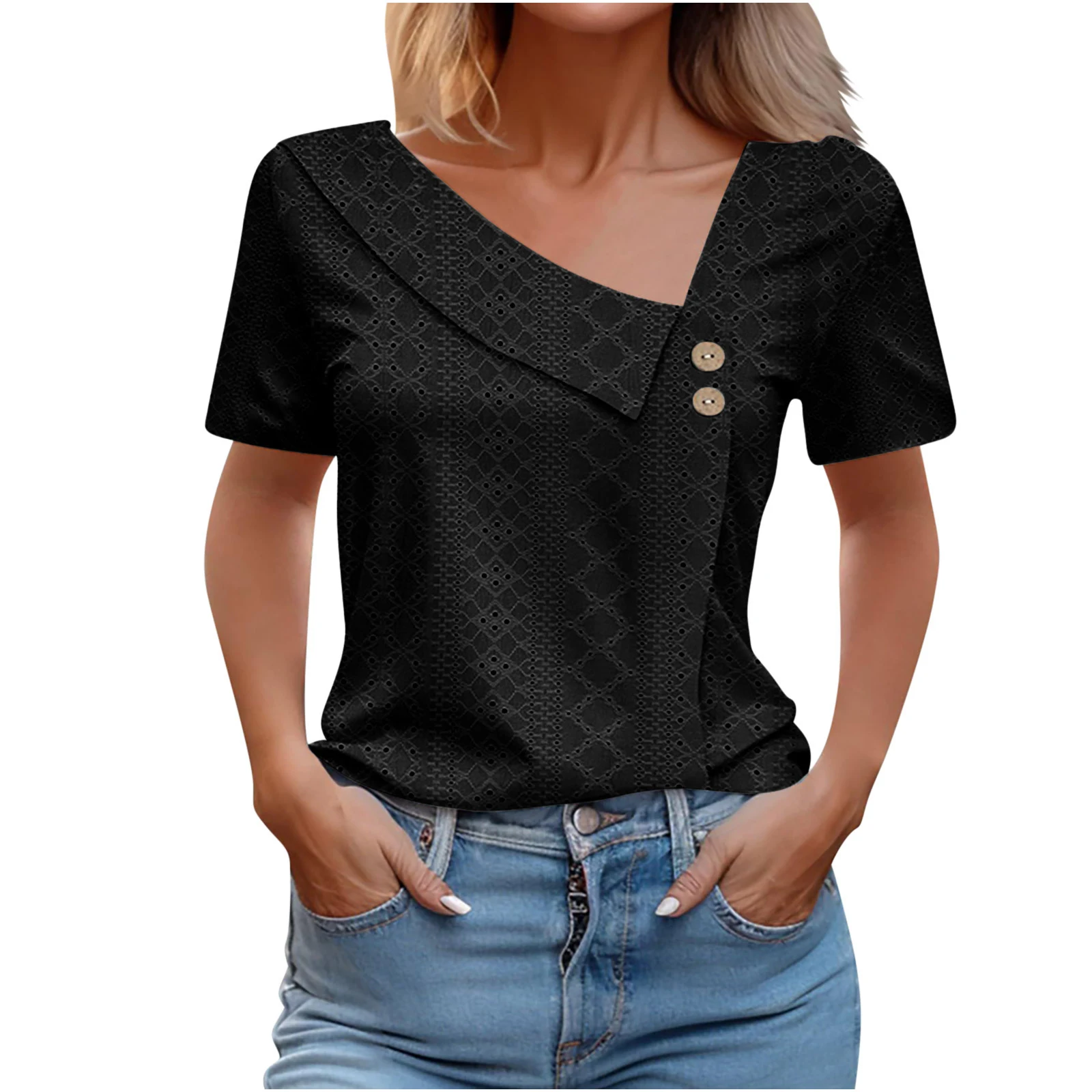 Women's Summer V-neck Button Solid Color Loose Short Sleeved T-shirts Comfortable and Stylish Perfect for Everyday Wear — photo 12