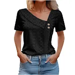 Women's Summer V-neck Button Solid Color Loose Short Sleeved T-shirts Comfortable and Stylish Perfect for Everyday Wear — photo 12