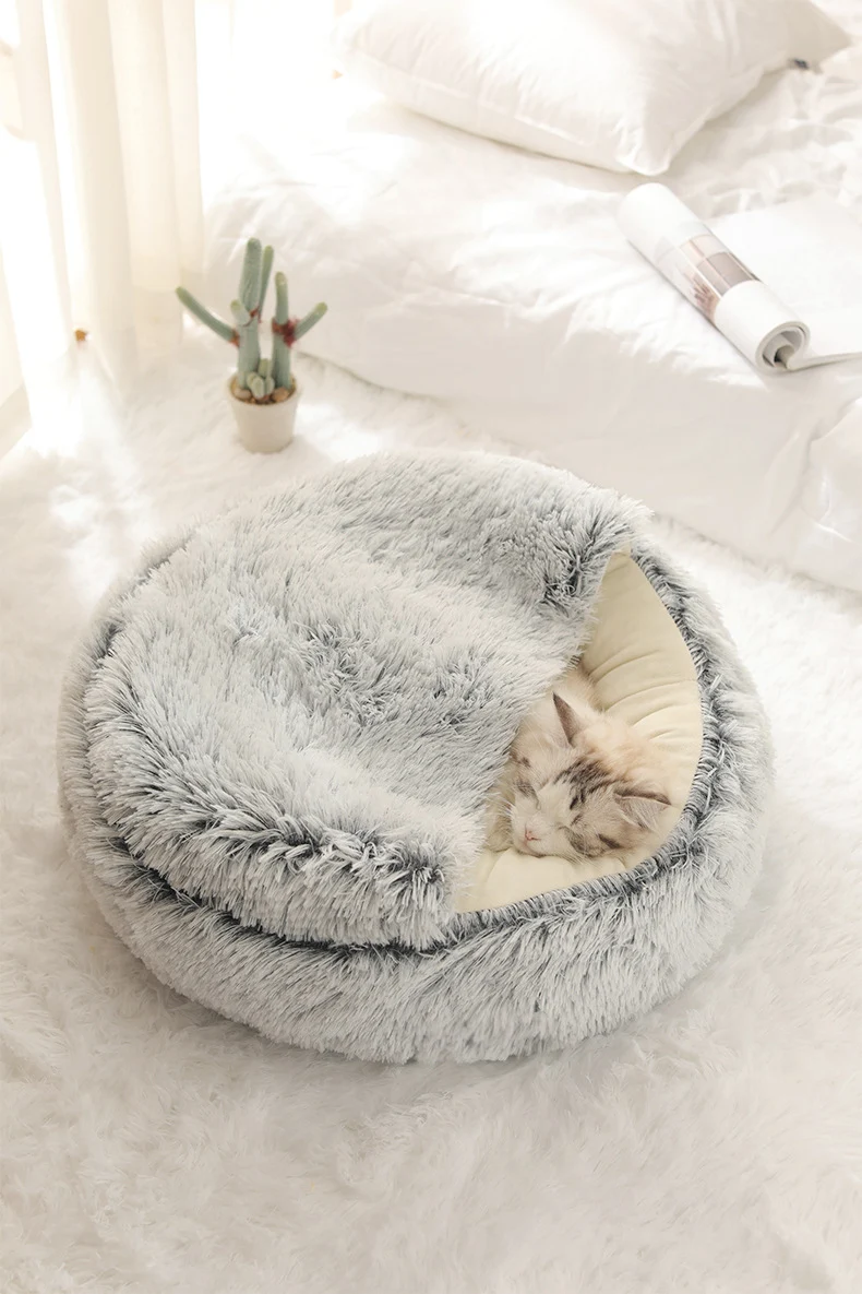 Title 26, Winter Long Plush Pet Cat Bed Round Cat Cushion...