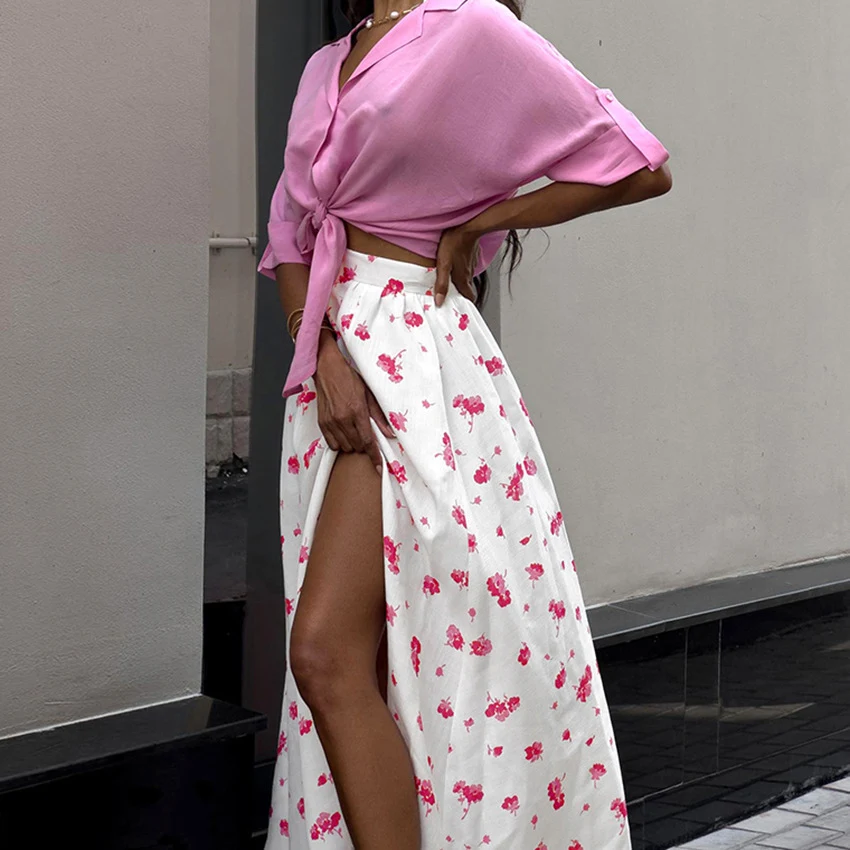 Saia Floral Dividida Feminina Cintura Alta Fashion para Mulheres Sofisticação e Conforto no Verão Modelo Elegante e Versátil Perfeita para Looks Modernos — foto 5