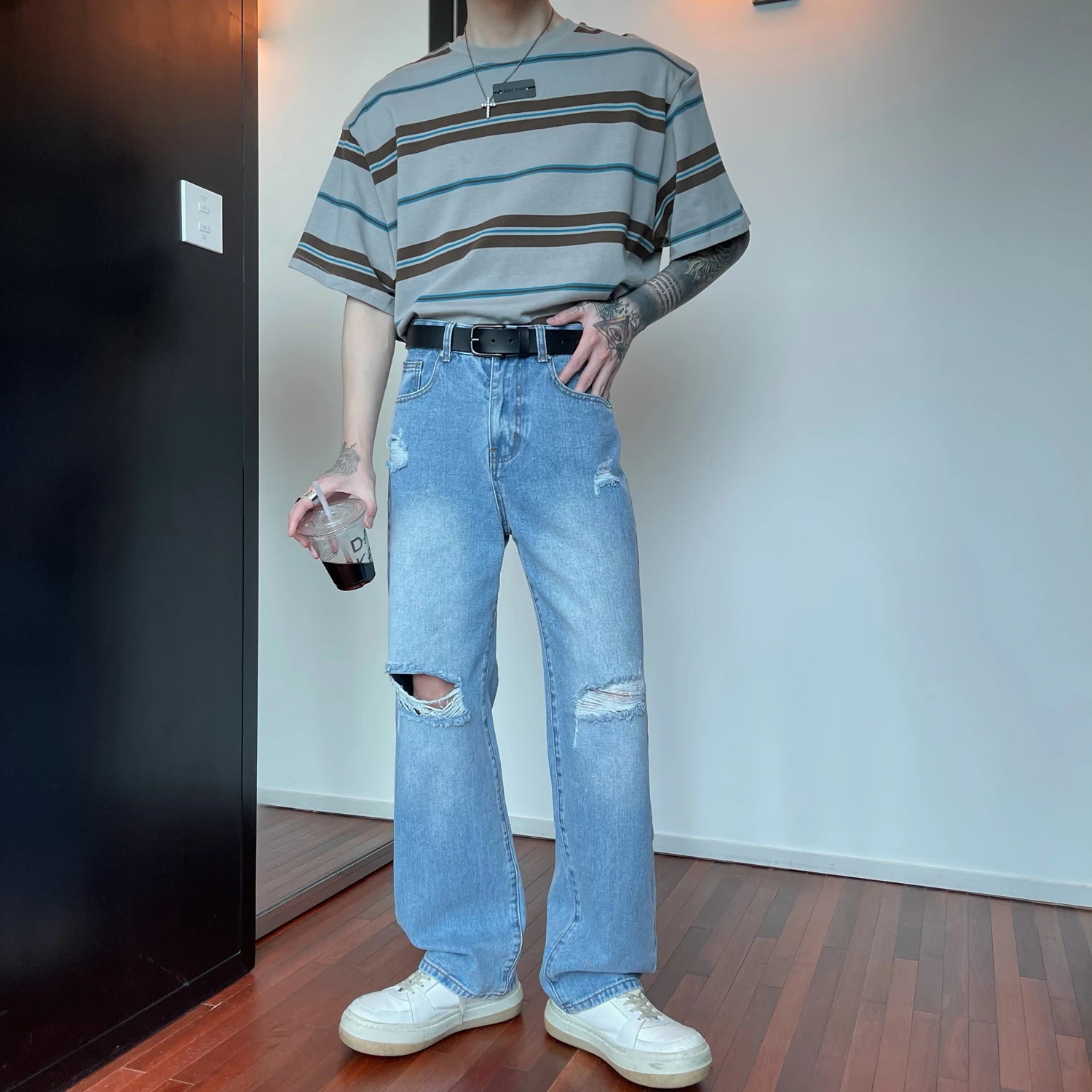 Title 18, Mens Loose Casual Cotton Shoulder Pads Striped...