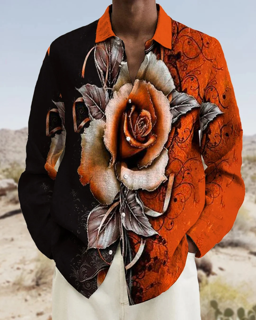 Title 3, Camisa Floral Manga Longa Masculina Roupa Casua...