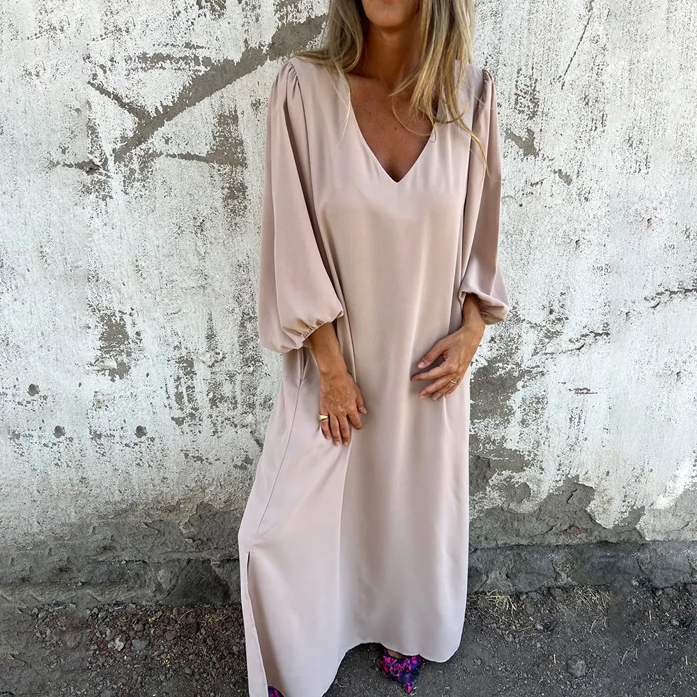 Vestido feminino casual solto com decote em V cor sólida manga lanterna — foto 9