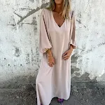 Vestido feminino casual solto com decote em V cor sólida manga lanterna — foto 9