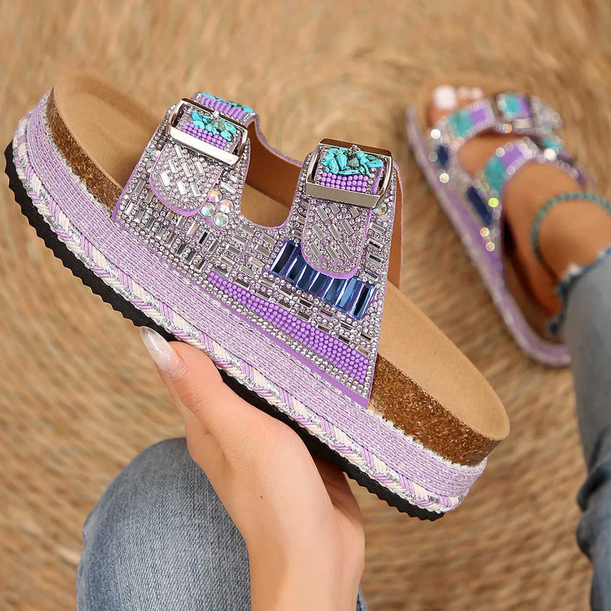 Title 3, Thick Bottom Hemp Rope Double Buckle Rhinestone...