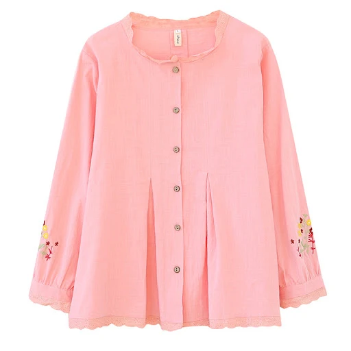 Title 2, Oversized Embroidered Lace Neck Long Sleeve Shirt