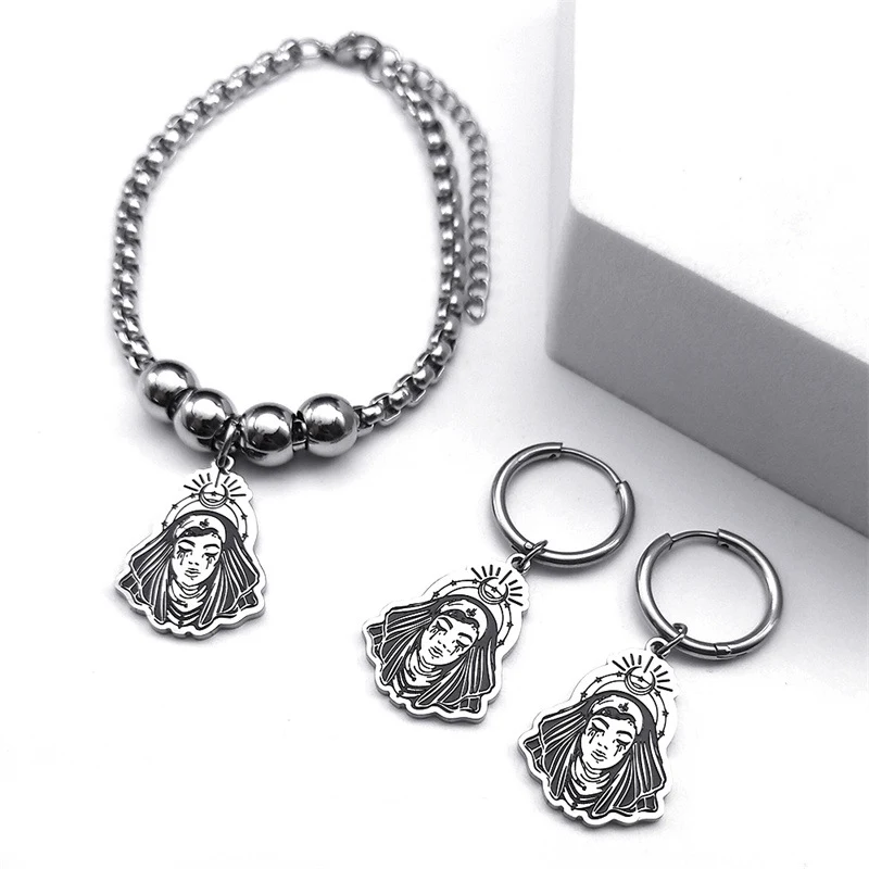 Conjunto de colar feminino e brincos unissex em aço titânio. Adornos modernos para ela e ele. Jóias versáteis, perfeitas para presentes. — foto 3