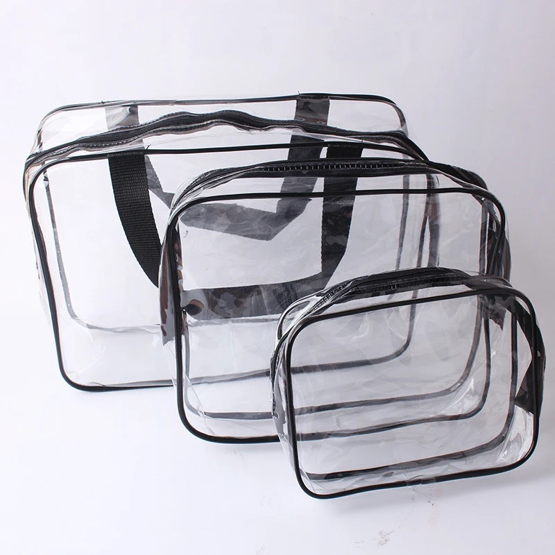Kit 3 bolsas de armazenamento cosméticos PVC transparente. Organize maquiagem e higiene pessoal. Ideal para viagens e uso diário. — foto 4