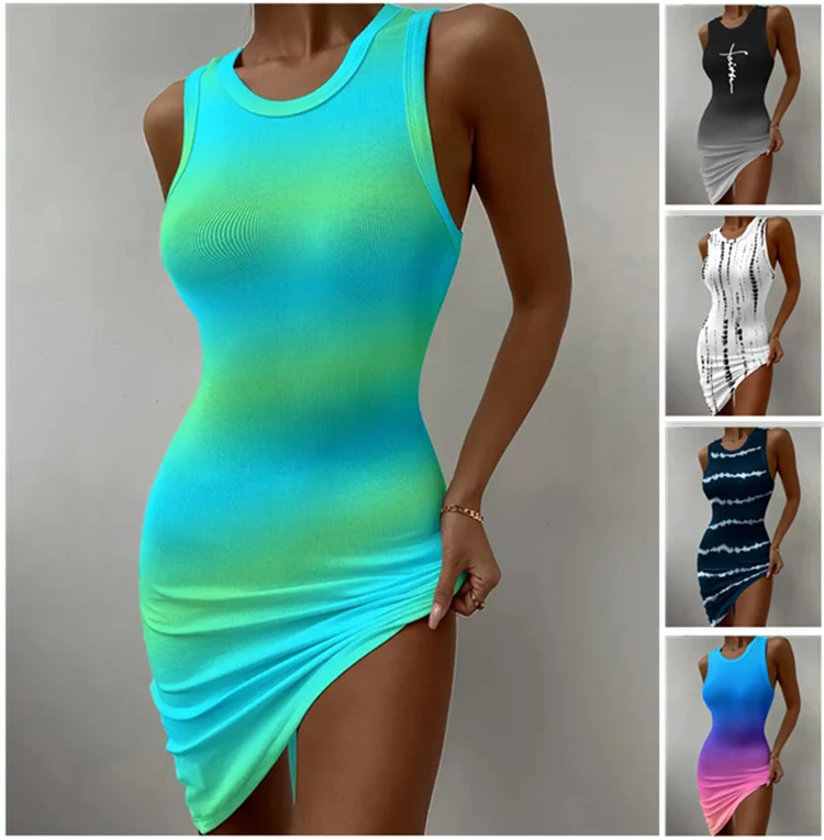Title 2, Womens Sleeveless Round Neck Tight Gradient Dr...