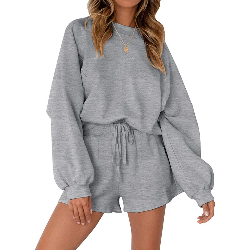 Women's Casual Sports Sweatshirt Suit, Loose Pullover Top and Drawstring Shorts, a comfortable and stylish two-piece set — photo 7