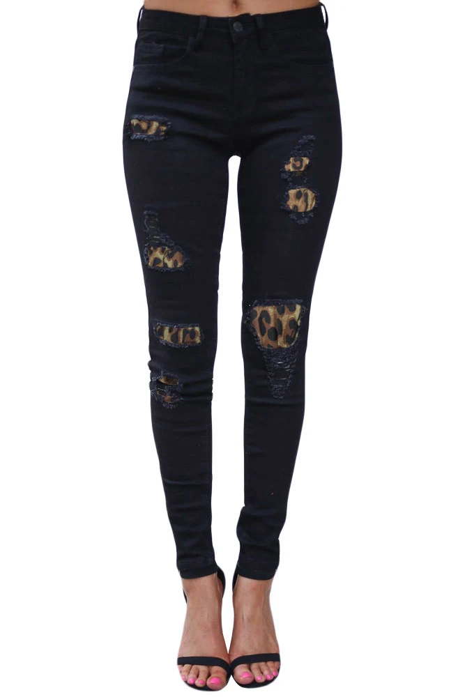 Leopard-print ripped patch stretch jeans. Stretchy jeans met luipaardprint, gescheurde patches en een perfecte pasvorm. — foto 4