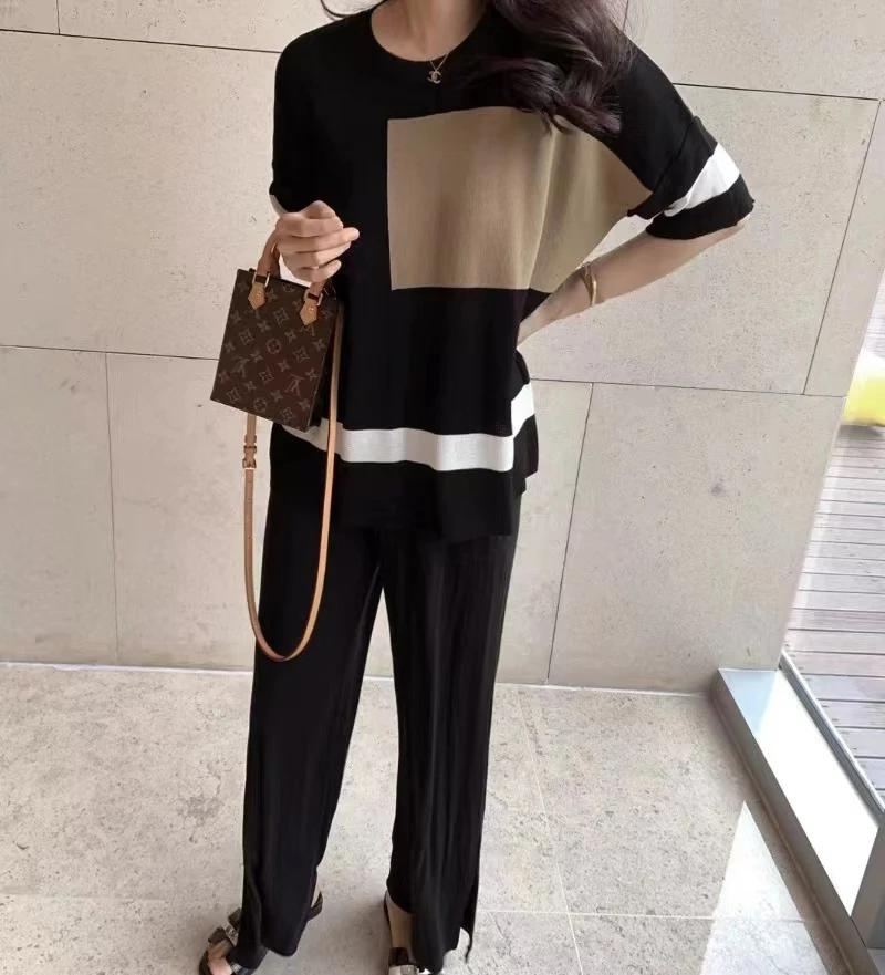 Conjunto de verão Ice Silk Top e Calças de perna larga cintura alta, tecido de malha, leve e fresco para o calor. — foto 9