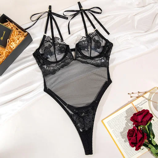 Title 15, V-neck Lace Embroidery Mesh Transparent Jumpsui...