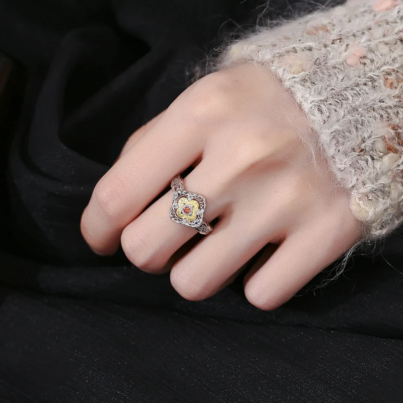 Anel de pétala dourada em prata esterlina S925, design elegante e luxuoso com zircônia vermelha, combina com tudo, simples e sofisticado. — foto 5