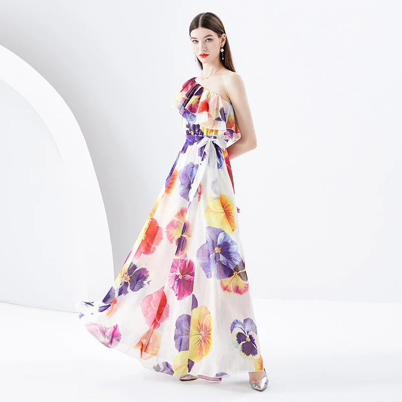 Irregular Shoulder Chiffon Floral Dress — photo 1