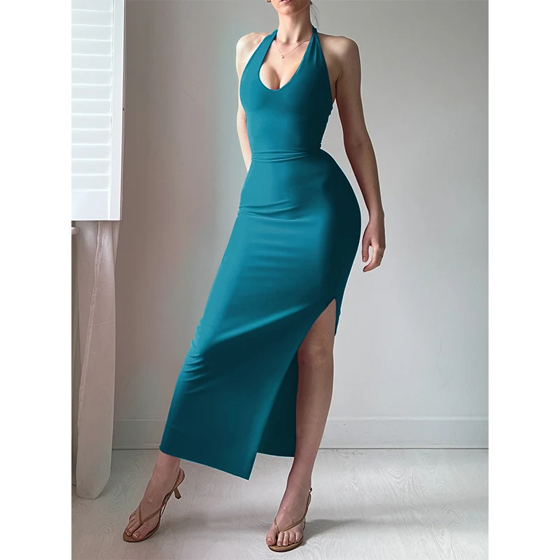 Title 8, Pure Color Halter Lace-up Sexy Slit Dress
