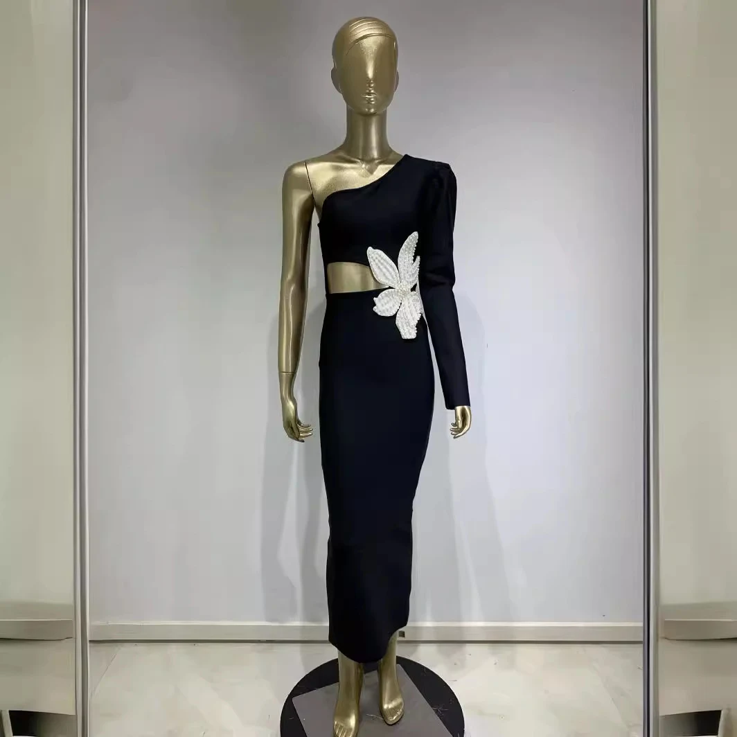 New Bandage Dress One-shoulder Long Sleeve Beaded Flower Dress — photo 5