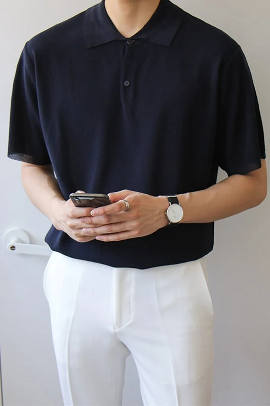 Koreaanse zomer polo voor heren, korte mouwen, slim fit, losse kraag. Ideaal voor warm weer, stijlvol en comfortabel. — foto 4