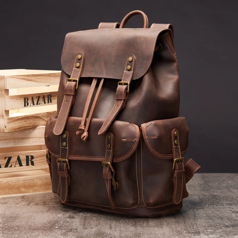 Title 2, Mochila Masculina Retrô de Couro Crazy Horse, G...