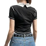 Camiseta casual de manga curta com costura contrastante e lapela combinada — foto 1
