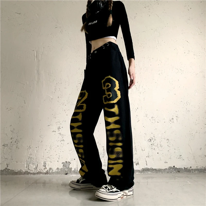 Title 2, Harajuku Style Letter Print Straight Leg High W...