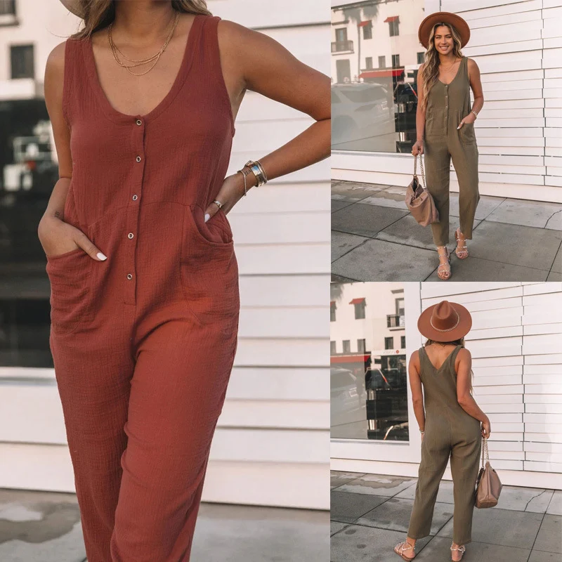 Beauty Clothing Solid Color Buttons Casual Jumpsuit Comfortable and Stylish Perfect for Everyday Wear Easy to Dress Up o — photo 7